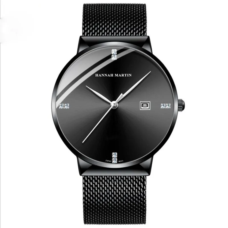 Модные мужские водонепроницаемые кварцевые часы Японский календарь для отдыха из нержавеющей стали сетчатый ремень с бриллиантами часы - Цвет: Y- black  silver