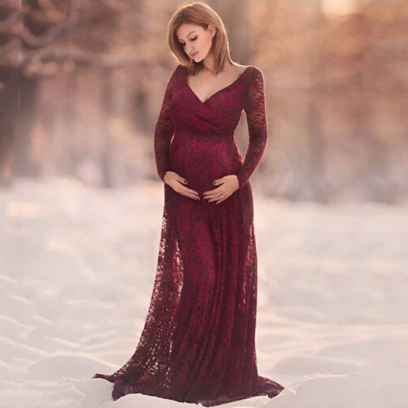 

Red V-Neck Long Sleeve Maternity Photography Props Maxi Pregnancy Clothes Lace Maternity Dress Fancy Shooting Photo Pregnan