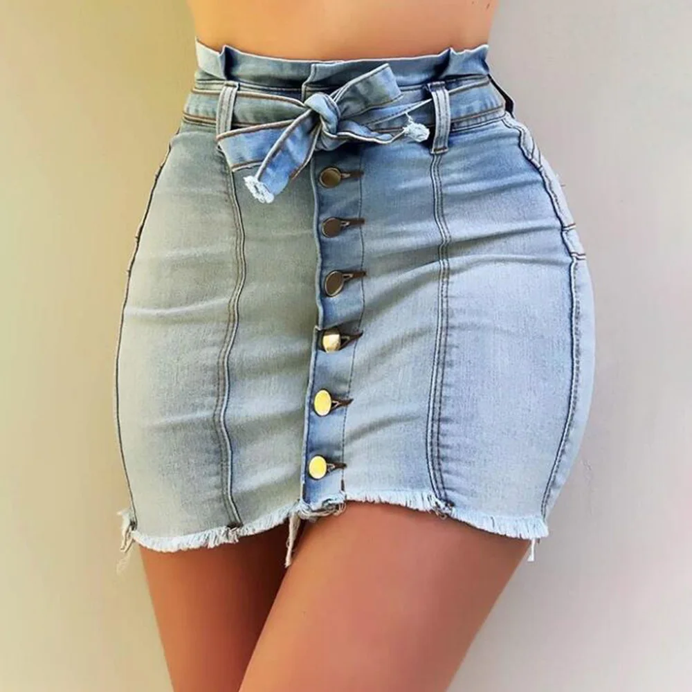 

Women Denim Skirt Bodycon Bow Tie Button Work Ol Office Ladies Mini Skirt Light Blue High Waist Elastic Female Skirt D30