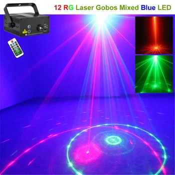 

Mini 12 Red Green Patterns Laser Projector Stage Lights 3W Blue LED Mixing Effect Lamp Remote DJ Show Home Party Lighting 12RG