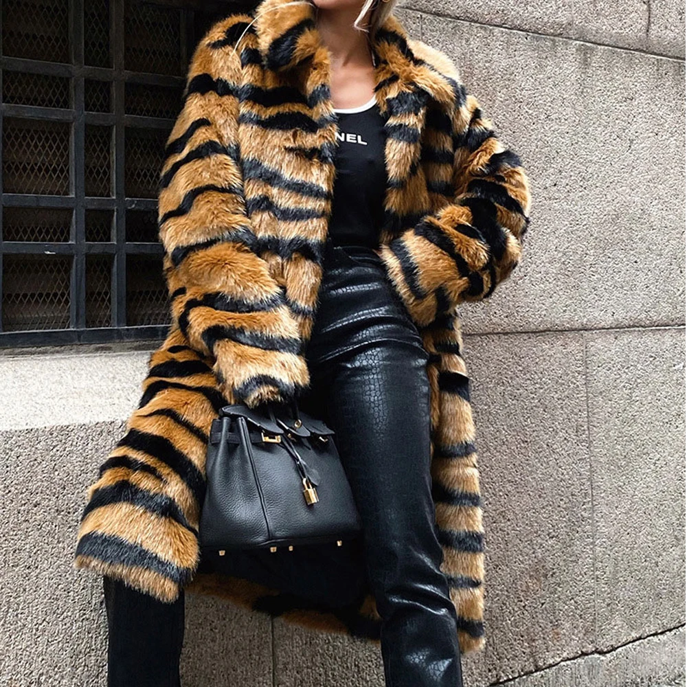 

Winter New Womens High Quality Faux Fur Coat Luxury Long Fur Coat Loose Fahion Lapel OverCoat Thick Warm Tiger Print Plush Coats