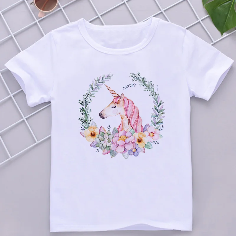 Новинка года; летняя детская футболка с принтом единорога и цветов Милые Забавные топы для мальчиков и девочек; белая одежда для отдыха - Цвет: 837
