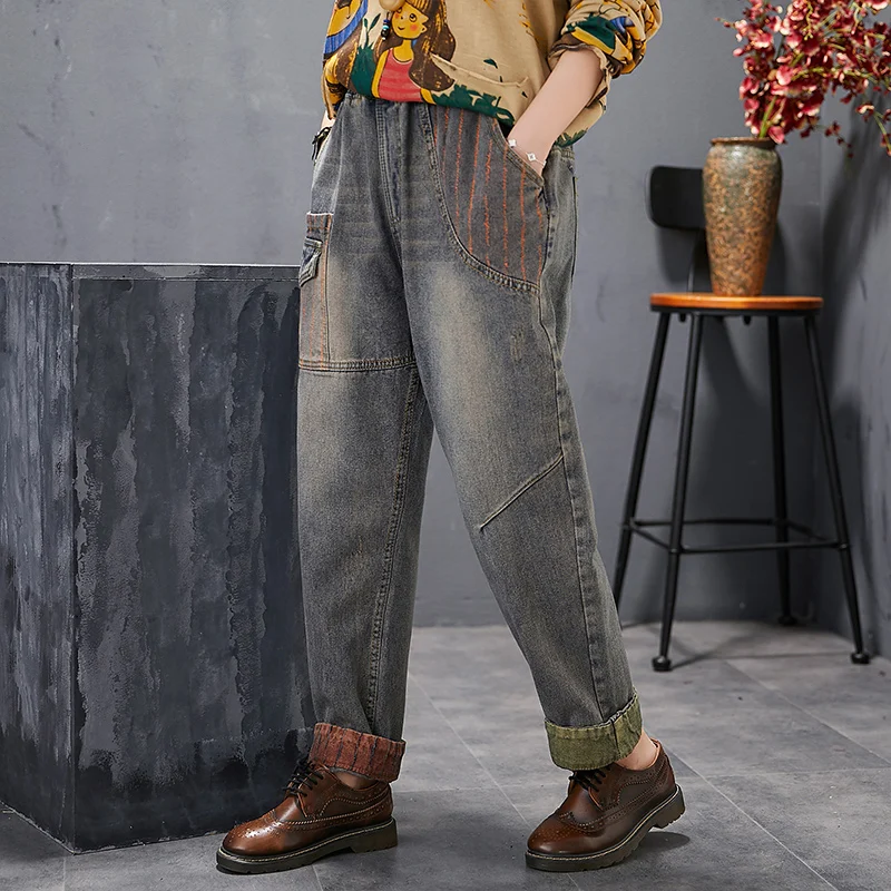 

Loose Elastic Waist Womens Jeans Denim Full Length Rolled Up Cuff Pockets Patchwork Jeans Boyfriend For Women New Spring 2020