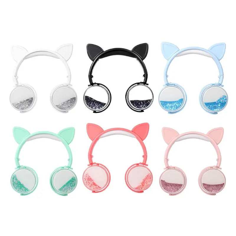 Girls Cat Ear Headset with Microphone Quicksand Decor Music Sports Wired Headphones for Kids Gifts