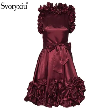

Svoryxiu Designer Summer Party Bowknot Ruffle Women's Dress O Neck Sleeveless High Waist Lace Up A Line Dresses Female