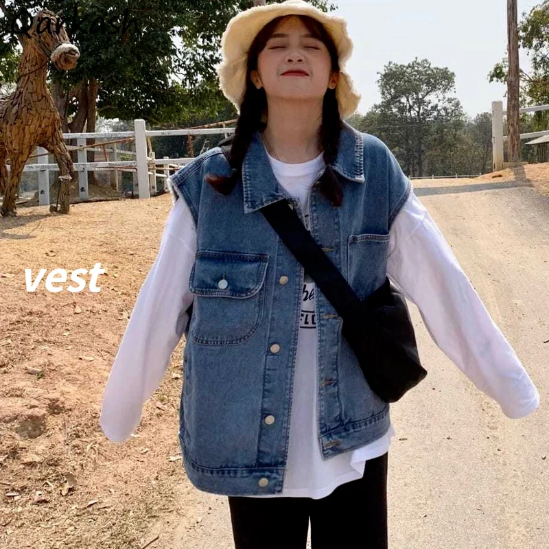 

Жилетка женская джинсовая универсальная, стильная однобортная винтажная Студенческая уличная одежда в стиле Харадзюку для пар, на лето