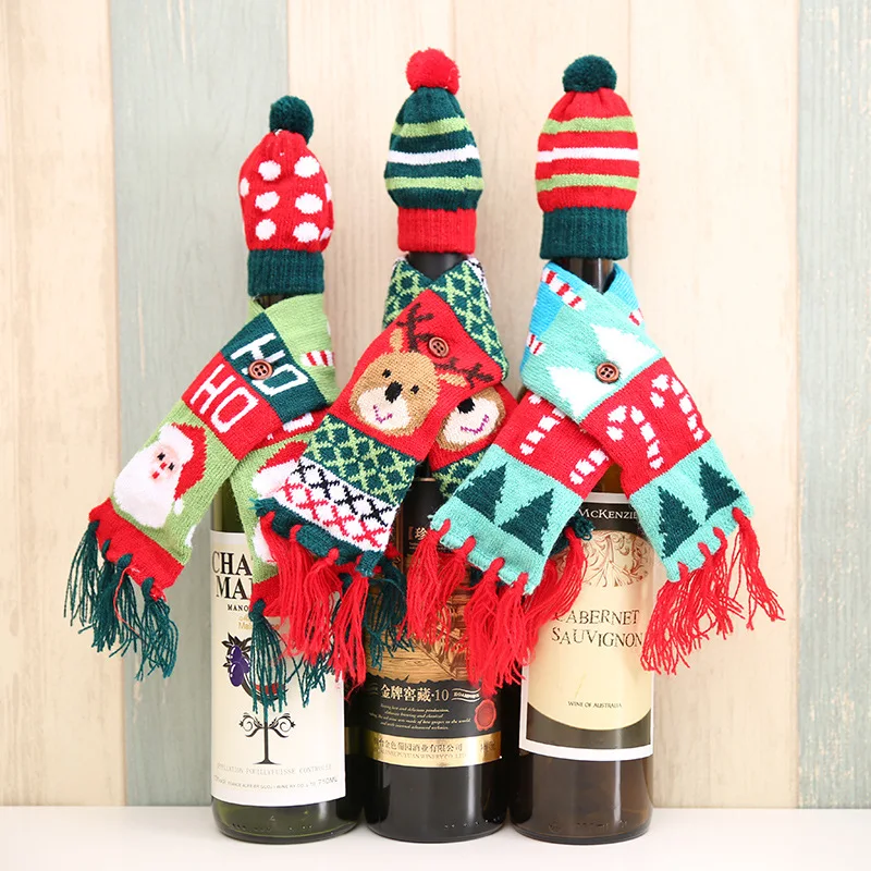 

New Wine Bottle Cover Set Insulation Knitting Cover Xmas Santa Elk Tree Decor Christmas Decorations for Home 2020 New Year Gifts
