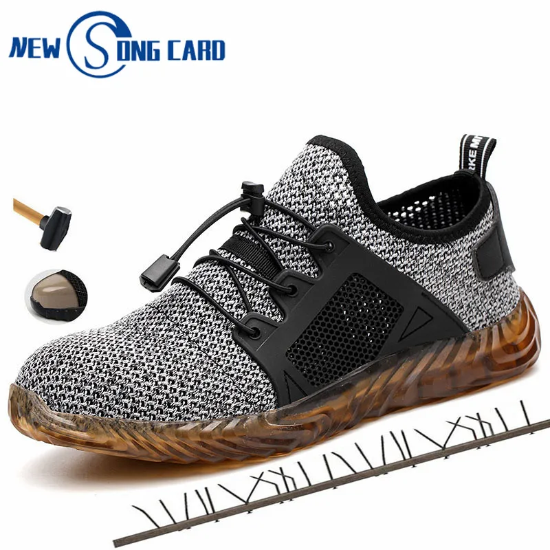 

2019 New Breathable Mesh Safety Shoes New song card Men Light Sneaker Steel Toe Soft Anti-piercing Work Boots Plus size 36-46