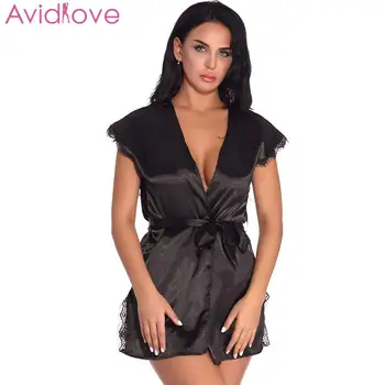 

Female Deep V-neck Babydoll Bathrobe Lace Patchwork Temptation Nightgown Sexy Lingerie Short Nightdress Women Exotic Dress