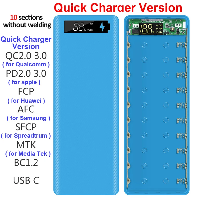 10*18650 Battery Storage Box 2 USB Power Bank Case 5/12V DIY Shell 18650 Battery Holder Case PD QC 3.0 Quick Charge