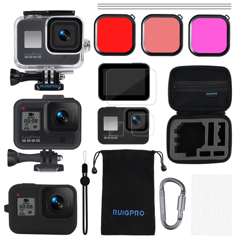 For Gopro Accessories Set Go Pro Hero 8 Kit Eva Case Tempered Film Waterproof Housing Case Red Filter Frame Silicone Protector Sports Camcorder Cases Aliexpress