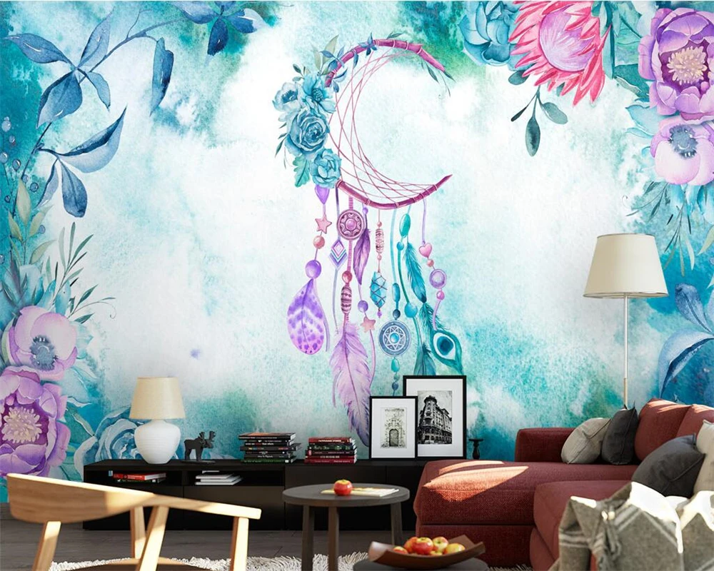 welyu Custom wallpaper 3D Nordic modern art hand-painted watercolor flowers and plants feather background wall living room mural |