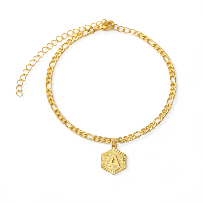 Silver Anklet Bracelet Ankle Chains Cubic Zirconia Anklet Beads Anklet Dainty A-Z letter Anklet Hexagon Shaped Initial Ankle Bracelet Stainless Steel Feet Jewelry Leg Chain Women Men Gifts