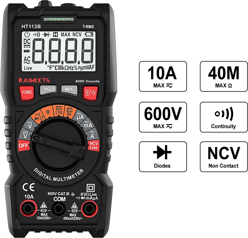 KAIWEETS HT113B NEW Digital Multimeter Ture RMS Auto Range Multimetro 1000V 10A AC DC Ohm Hz NCV Live Voltage Temperature Meter