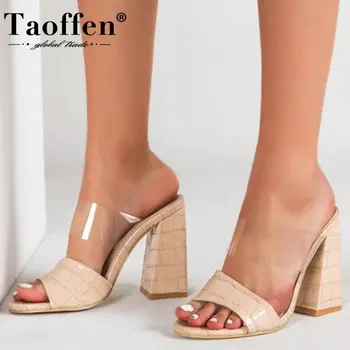 

TAOFFEN New Women Sandal Shoes Fashion Patchwork Open Toe Slippers Shoes Women Square High Heels Lady Footwear Size 35-43