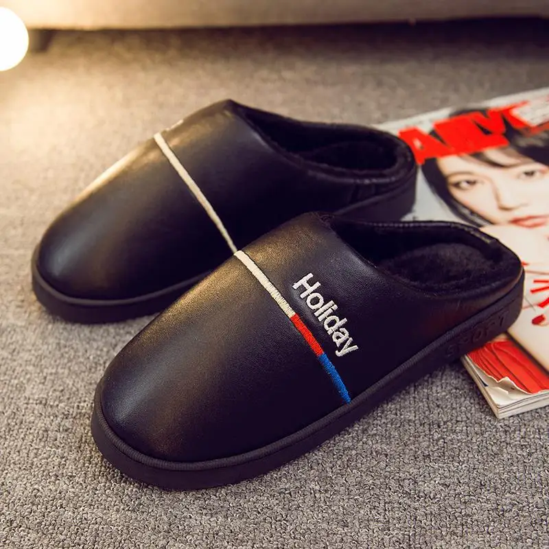 

PU Leather Cotton Slippers Women's Soft-Sole Indoor Waterproof Anti-slip Thick Bottomed plus Velvet with Half a Pack of Winter W