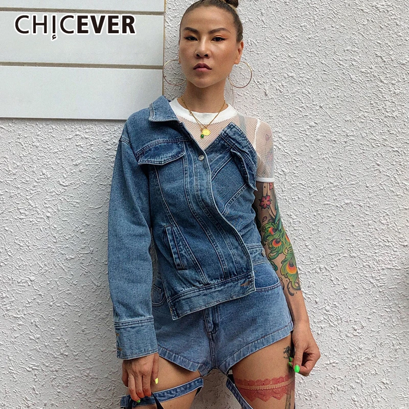 

CHICEVER Asymmetrical Denim Women's Jacket Lapel Collar Off Shoulder Long Sleeve Irregular Autumn Coat For Female 2019 Fashion
