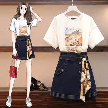 

Women Plus Size White T-shirt 2020 Summer Skirt Suits And Mini Denim single-breasted Button pocket Skirt 2 pcs Sets L-4XL