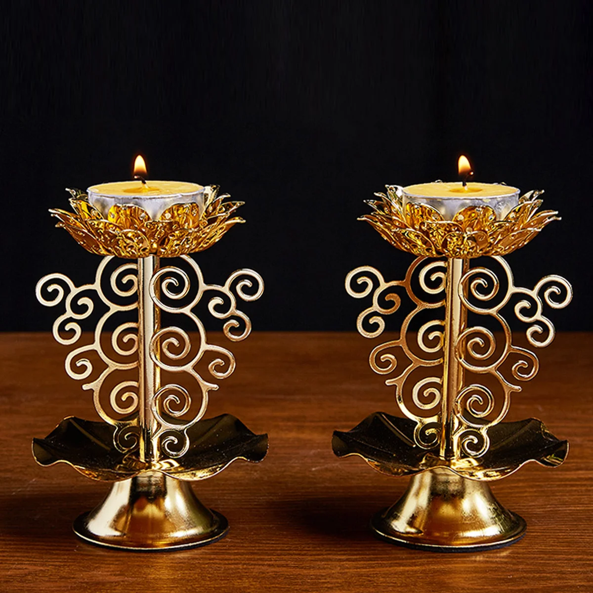 4.5 Inch Candlestick Lotus Carving Candle Holder Golden Alloy Buddhist Holder
