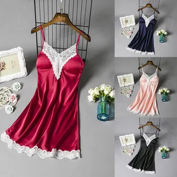 

Sexy Satin Nightie Sleepwear Women Nightgown Ladies Night Dress V-Neck Nightwear Solid Nightdress Sexy Lingerie Lace Night Shirt