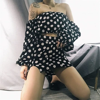 

2020 New women's sexy skirt sets One Off shouder Polka Dot vintage lantern sleeve top and mini slim skirt fashion female TZ20