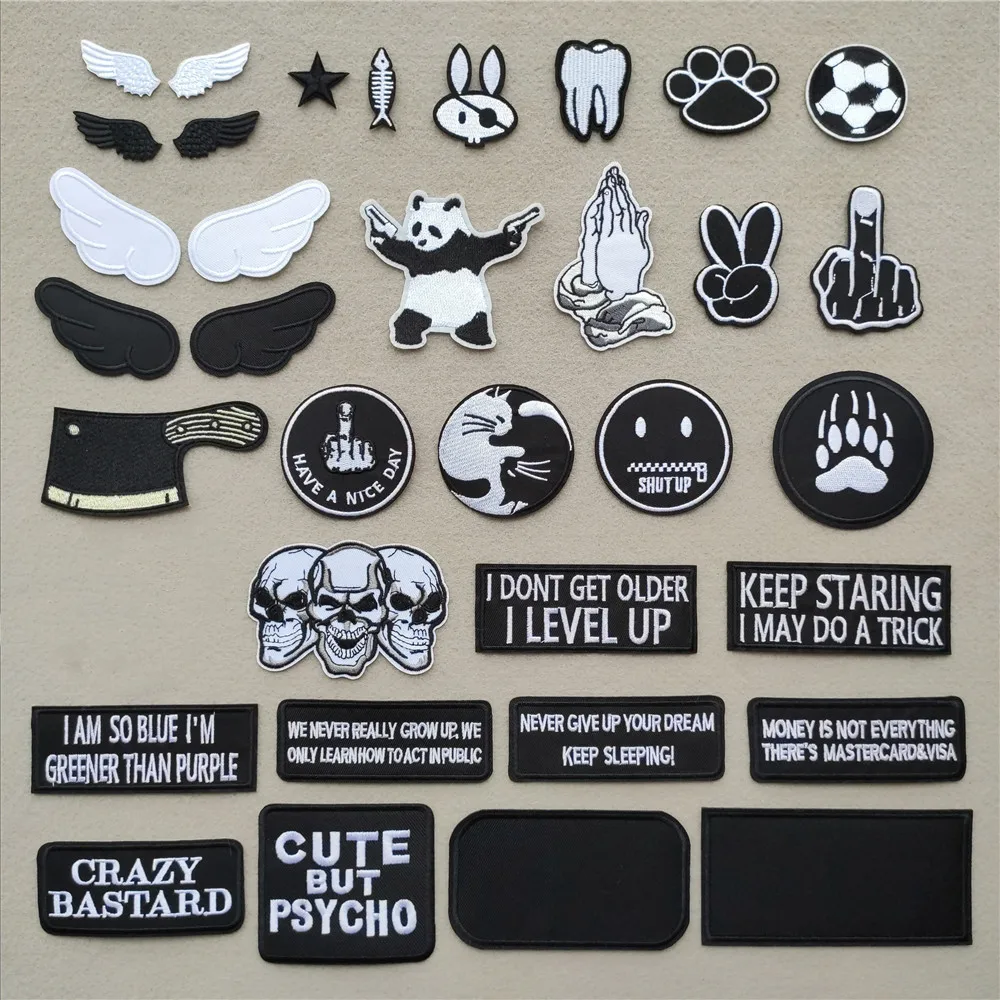 (46 Styles can Choose) Black and White Patches for Clothing Embroidered Appliques Iron