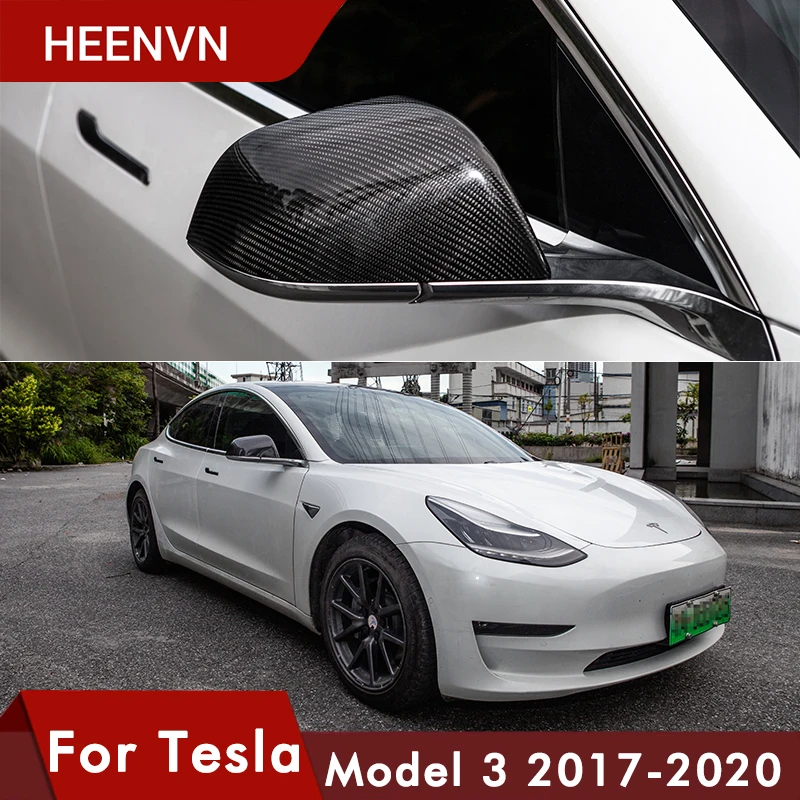 Heenvn Model3 Real Carbon Fiber Rear View Mirror Protective Cover For Tesla Model 3 Accessories Matte Carbon For Tesla Three Car