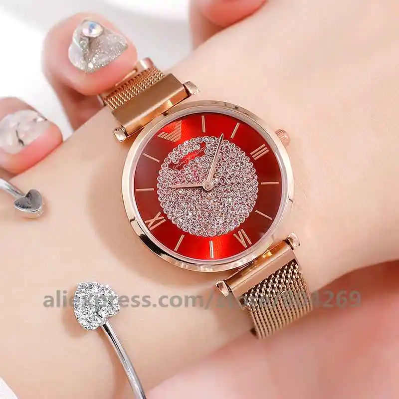 rose red Модные звездное небо, стразы кварцевые сетки с магнитной пряжкой женские часы Женское платье часы - Цвет: rose red