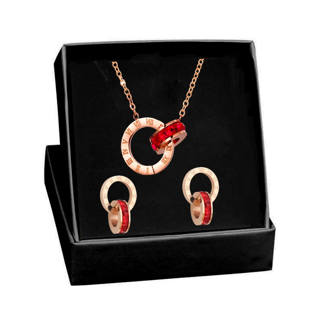 Elegant 316L Stainless Steel Jewelry Set: Roman Numeral Double - Circle Earrings & Necklace Adorned with Red and Black Crystals