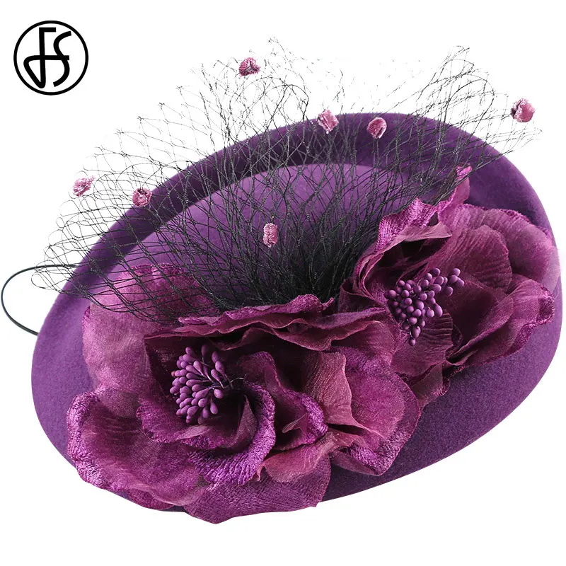 Женская фетровая шляпка Таблетка FS шерстяная с цветами фиолетового цвета для