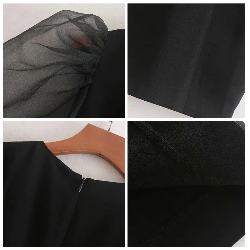 ROHOPO Tulle Puff рукав круглый воротник назад подол скольжения Bodycon черное женское