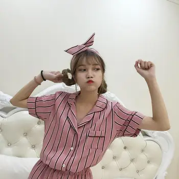 

Wear Ladies Underwear 3PCS/Set Women Casual Nightdress Sleepwear Vertical Stripe Short-sleeved Pajamas + Shorts + Hair Band Home