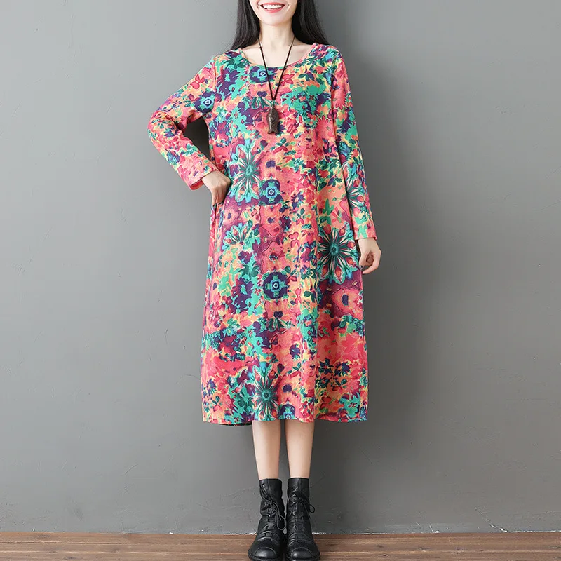 

2018 Autumn Clothing New Style Ethnic-Style Cotton Linen WOMEN'S Dress-Loose Printed Long Sleeve Retro Big Hemline Dress Women's