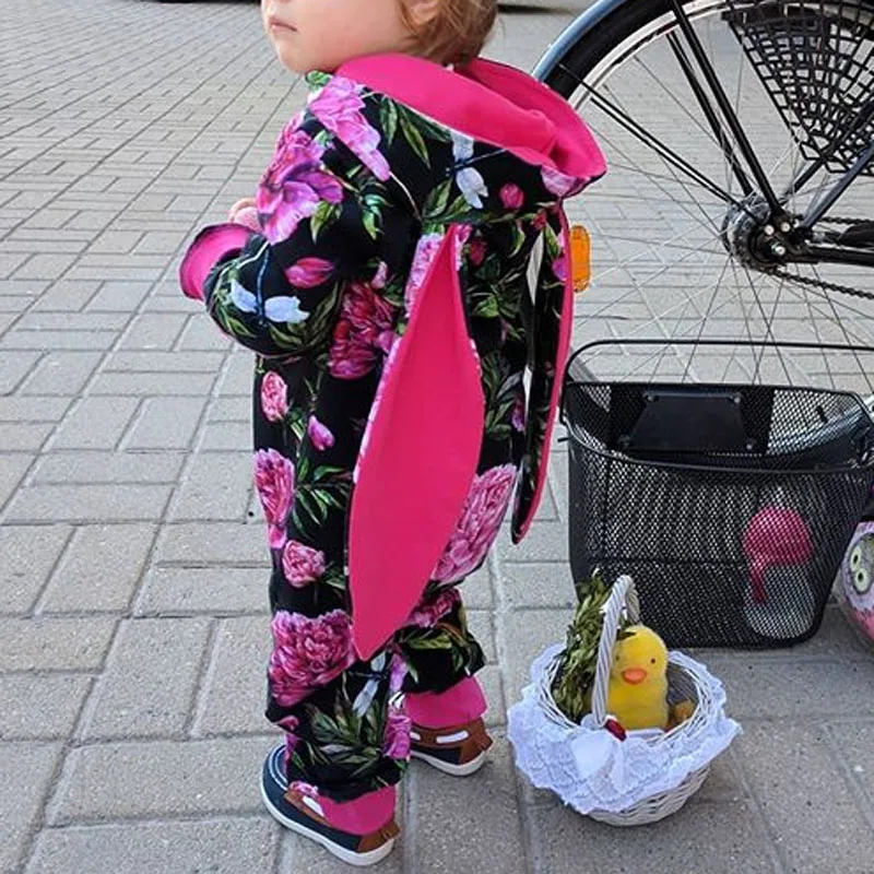 Baby Spring Autumn Clothing Infant Baby Girls Floral Clothes Rabbit Ears Romper Long Sleeve Zipper Jumpsuit Outfit 0-18M