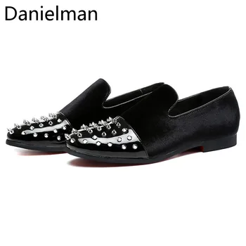 

Danielman Autumn Fashion Mens Loafers Black Rivet Leather Slip on Soft Driving Shoes Casual Comfortable Plus Size Shoe for Men