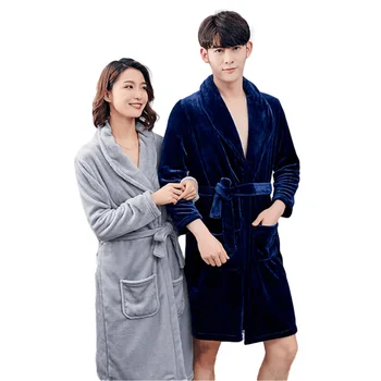 

Flannel Bathrobe Couple Nightgown Solid Cardigan Belt Pocket Sexy Lingerie Robes Thicken Warm Leisure Homewaer Sleepwear Winter