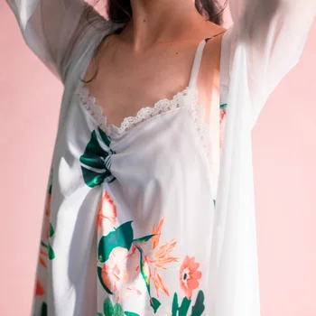 

Palace Wind Spring And Summer Women'S Sweet Flowers Print Satin Retro Home Service Mesh Gauze Skirt Nightdress