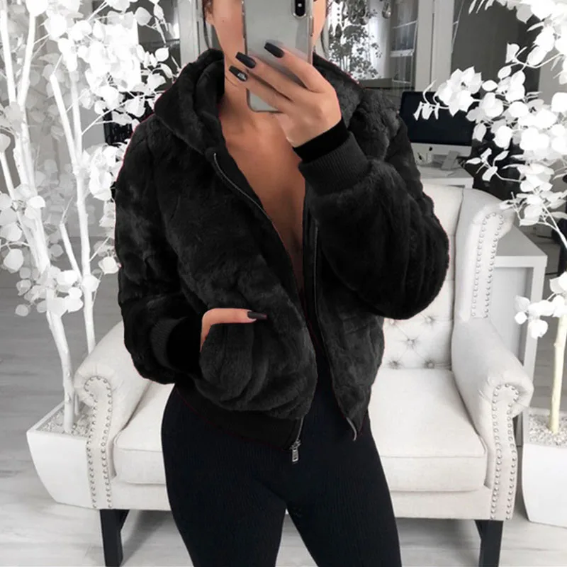 

Vintage Warm Short Coat Women Autumn Winter Warm Zipper Jackets Hooded Solid Color Casual Female Coat