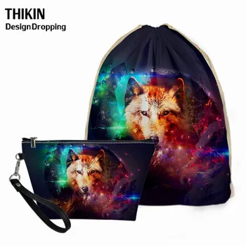 

THIKIN Hot Sale 2pcs Galaxy Fox Animal Pattern Ladies Drawstring Backpack Makeup Bags Travel Large Capacity Drawstring Pouch