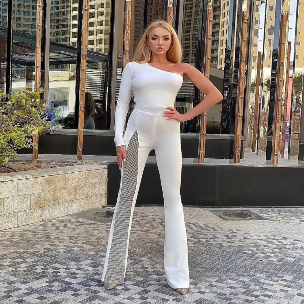 High Quality Women\'s One Shoulder Long Sleeve Black Bandage Jumpsuit Hollow Diamond Jumpsuit Celebrity Fashion Party Jumpsuit