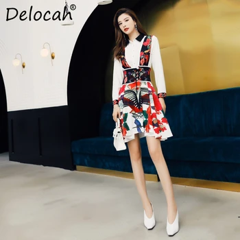

Delocah Autumn Winter New Women Dress Runway Fashion Designer Long Sleeve Floral Printed Simple Sashes Mini Slim Ladys Dresses