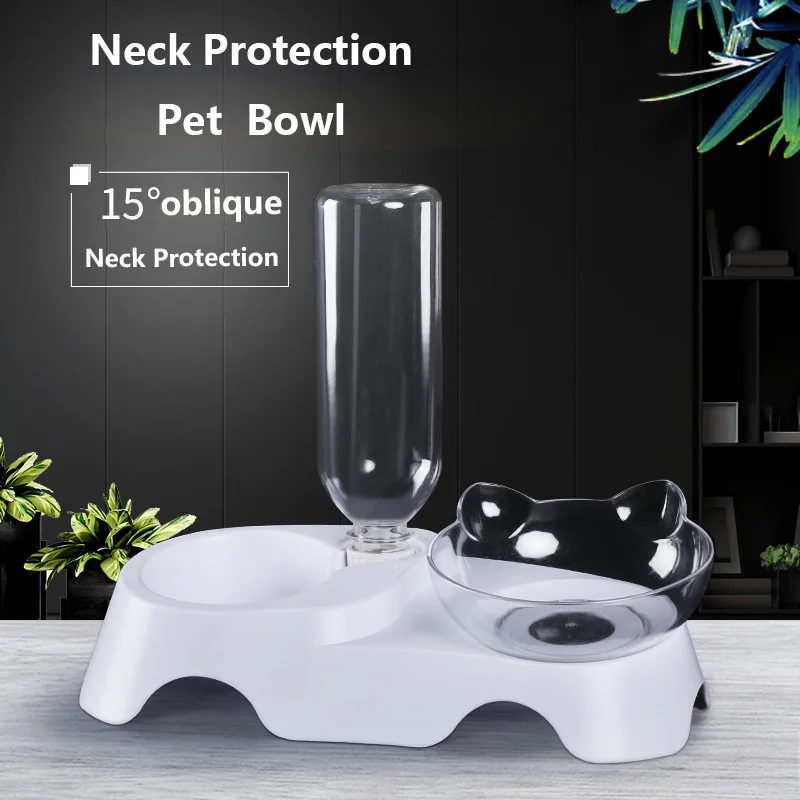 

2 In 1 Cat Ears Shaped Oblique Cat Bowl Pet Double Bowls Drinking Fountain Leak Proof Neck Protection Food Bowls Pet Supplie