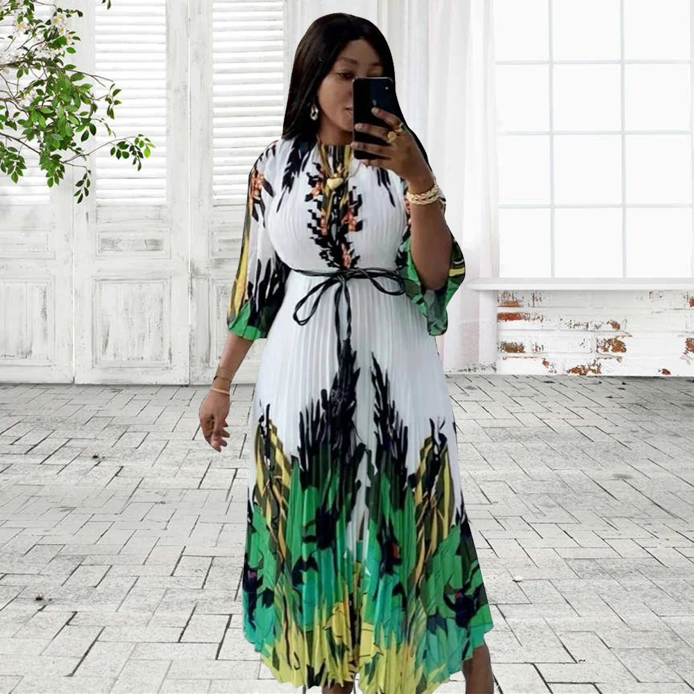 

Boho Sexy Flare Sleeve Pleated Long Maxi Dress Bohemian Vacation Beach Casual Loose Elegant 2021 Women Fashion
