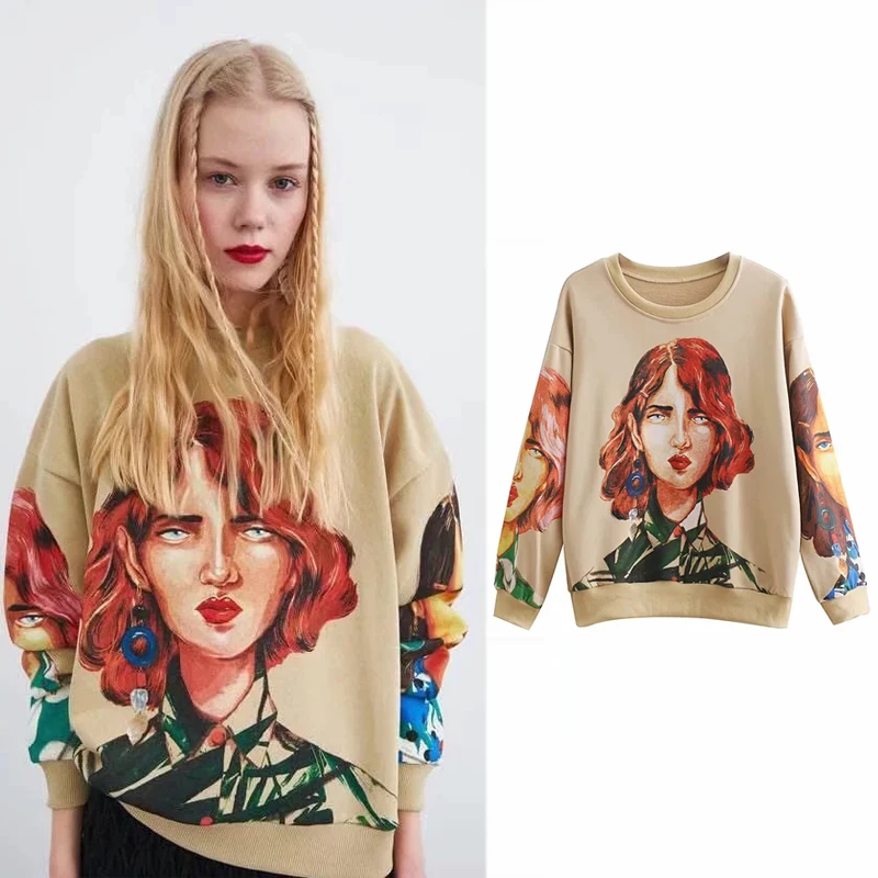

women clothing streetwear character print sweatshirt spring 2019 o neck long sleeve pullover knitted oversized sweatshirts