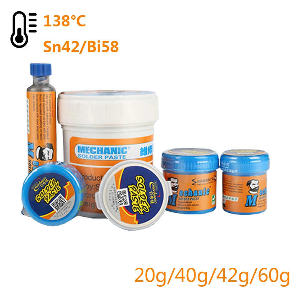 

MECHANIC 138 ℃ Оловянная паяльная паста без свинца, паяльный флюс Sn42/Bi58 для пайки печатной платы SMT PCB BGA SMD ремонт