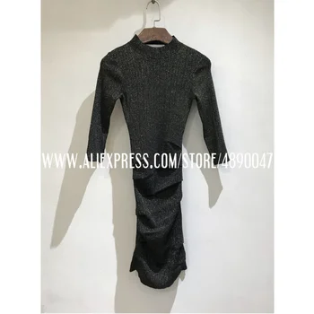 

Women's Slim Pencil Dress 2020 Autumn Pure Color Party Mini Dress Three-quarter sleeves slim fit black gold shiny silk dress