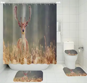 

4 Pieces of Lonely Elk Shower Curtain 3D Printing Bathroom Supplies Shower Curtain Floor Mat Toilet Mat U-shaped Floor Mat Bathr