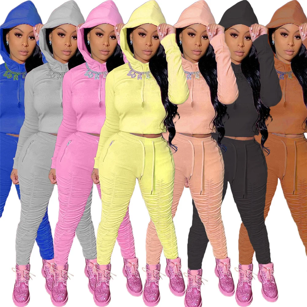 

Stacked Sweatpants Two Pieces Set for Women Solid Hooded Sweatshirt Stacked Leggings Women Tracksuit Casual Female Clothing