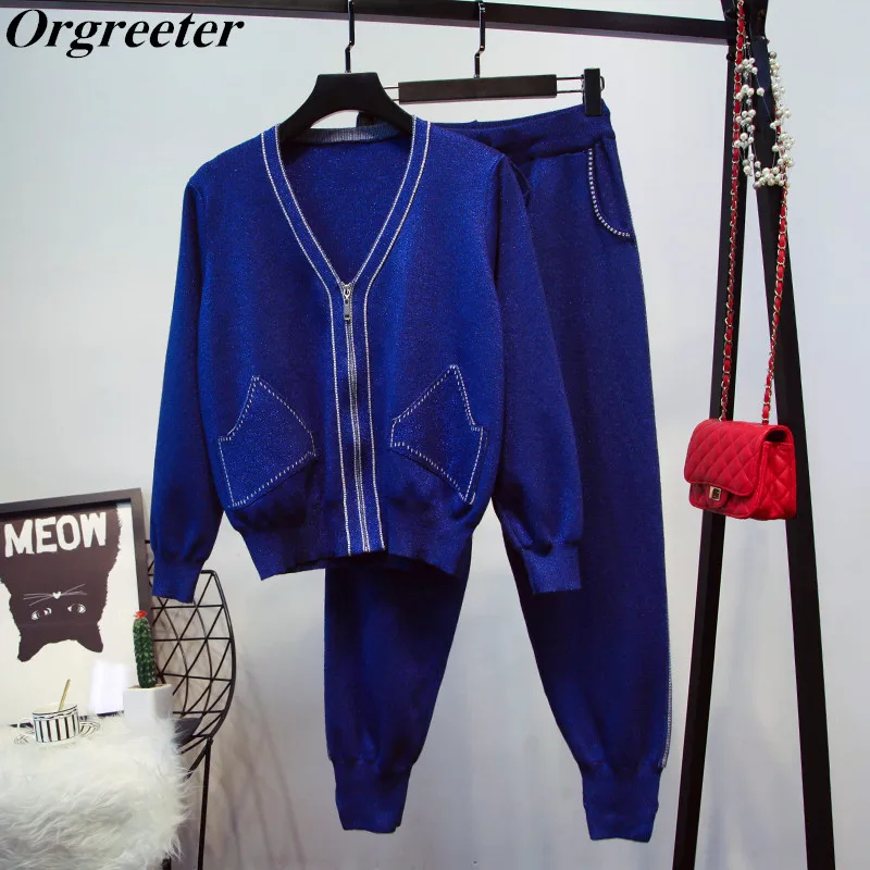 Спортивный костюм женские блестящие трикотажные кардиганы на молнии+ брюки-карандаш комплекты из 2 предметов Блестящие Брюки вязаный осенне-зимний повседневный наряд - Цвет: Синий