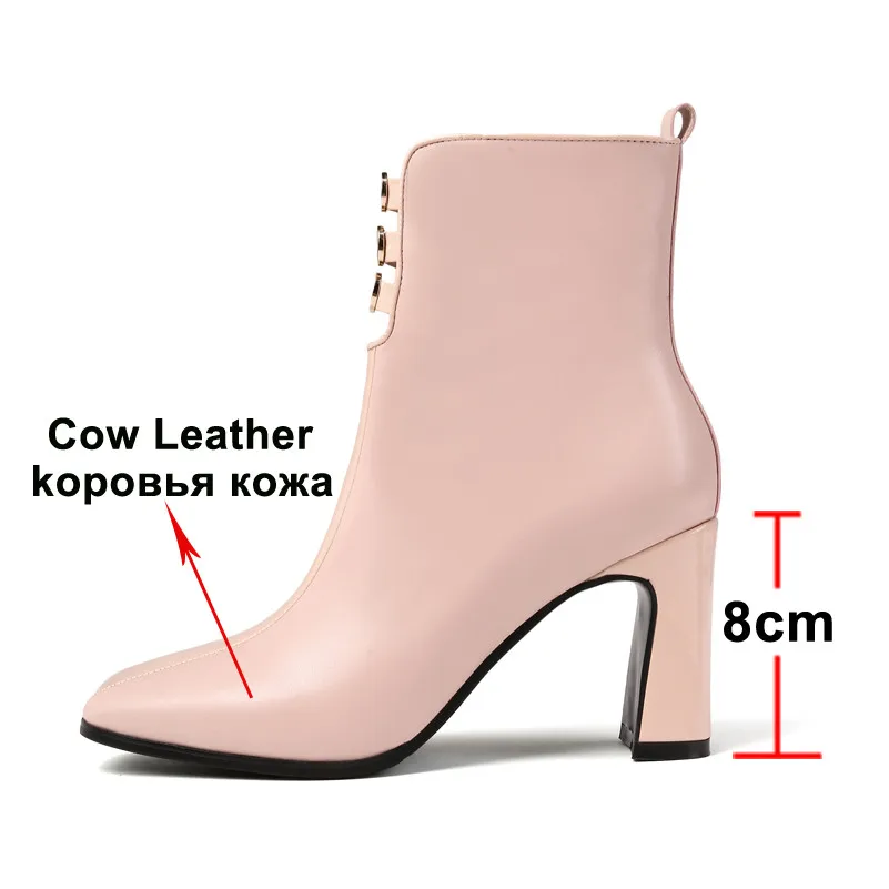 ANNYMOLI Winter Ankle Boots Women Natural Genuine Leather Cutout Block High Heel Short Boots Zip Square Toe Shoes Female Fall 39